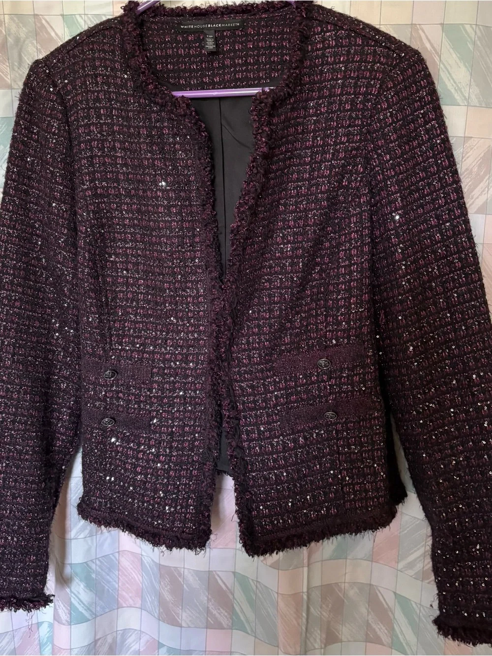 White House Black Market Plum Tweed Fringe-Trim Blazer